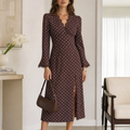 V Neck Bell Sleeve Polka Dot Slit Midi Dress