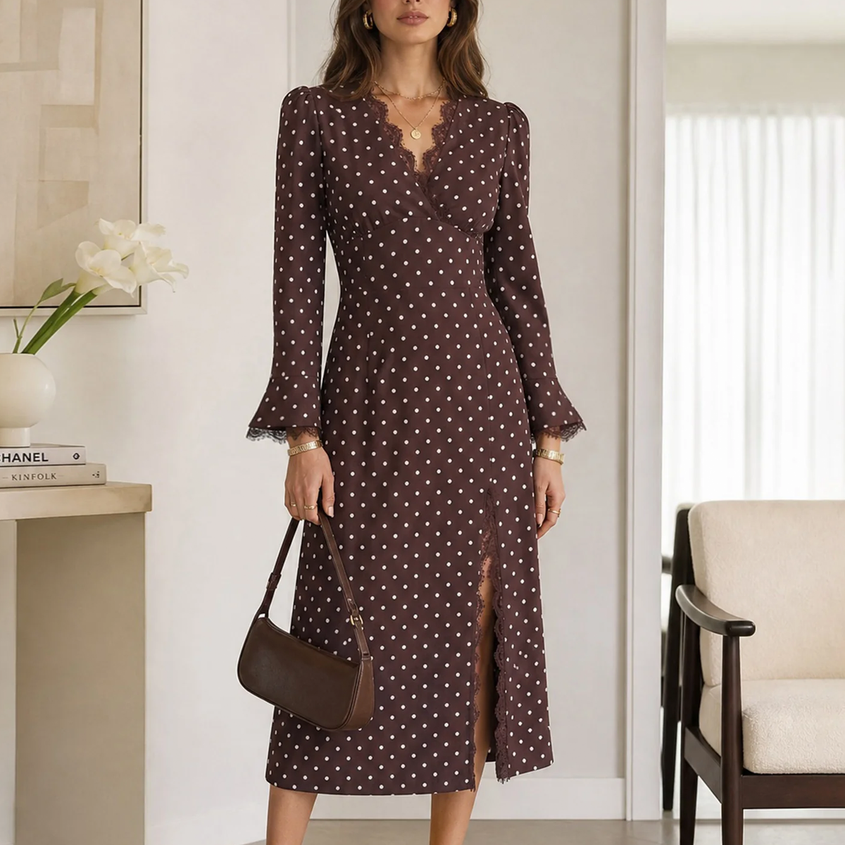V Neck Bell Sleeve Polka Dot Slit Midi Dress