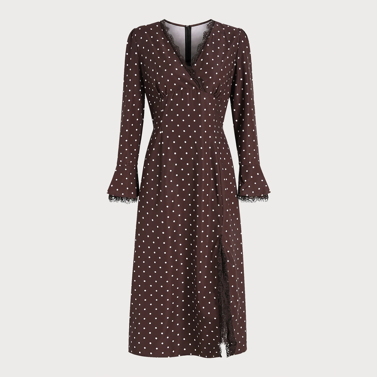 V Neck Bell Sleeve Polka Dot Slit Midi Dress