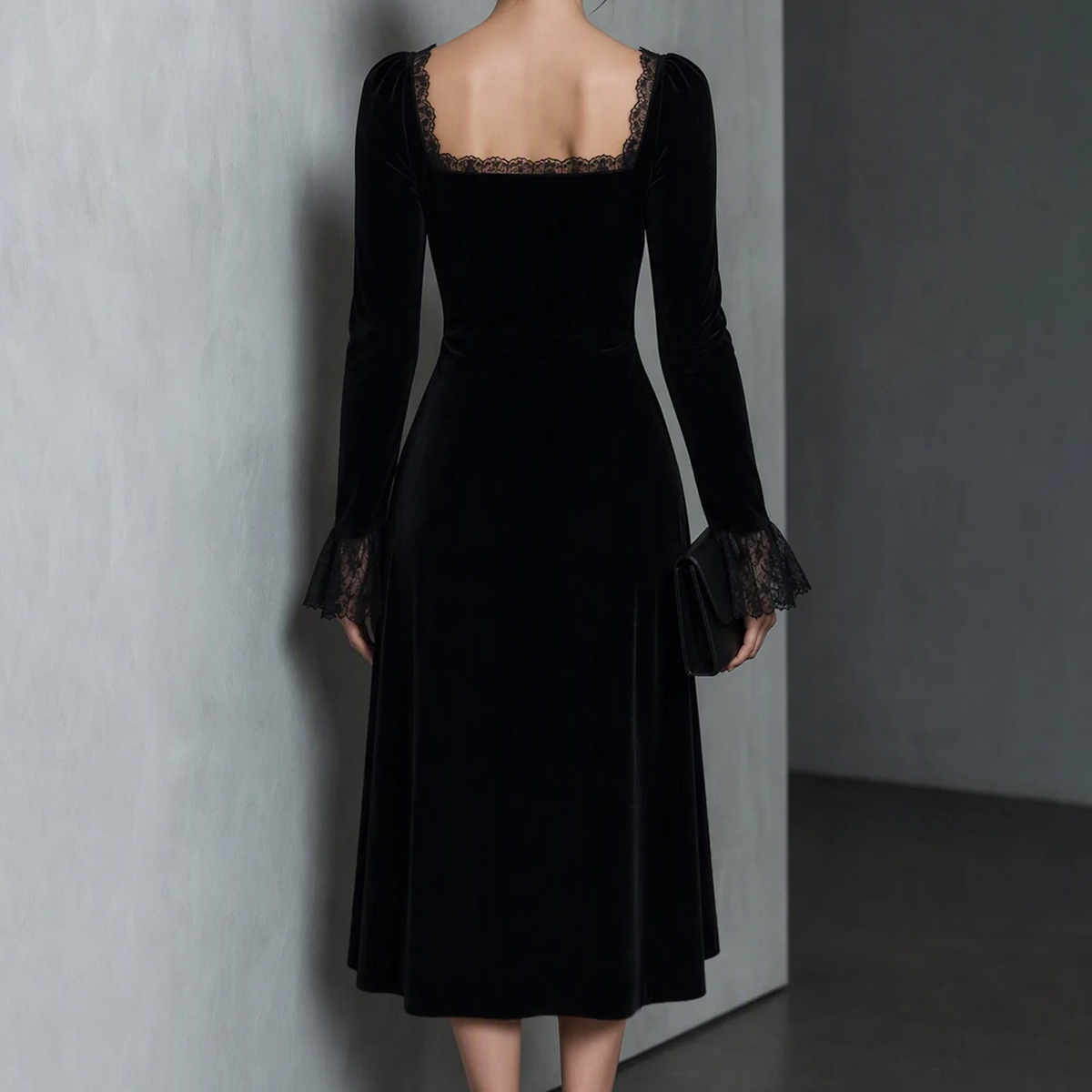 Black Square Neck Lace Poet Sleeve Slit Midi Dress