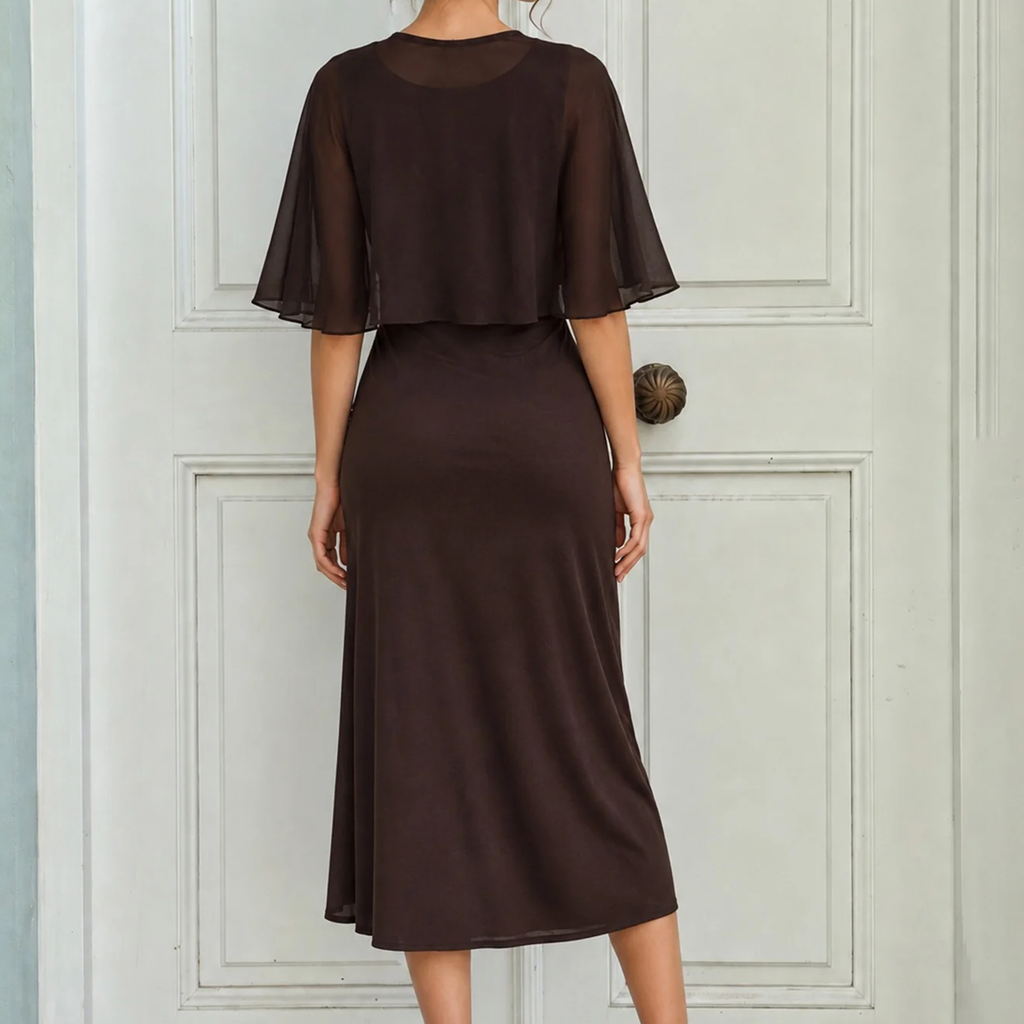 Brown U Neck Sleeveless Ruched Cape Midi Dress