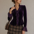 Purple V Neck Ruffle Bell Long Sleeve Peplum Blouse