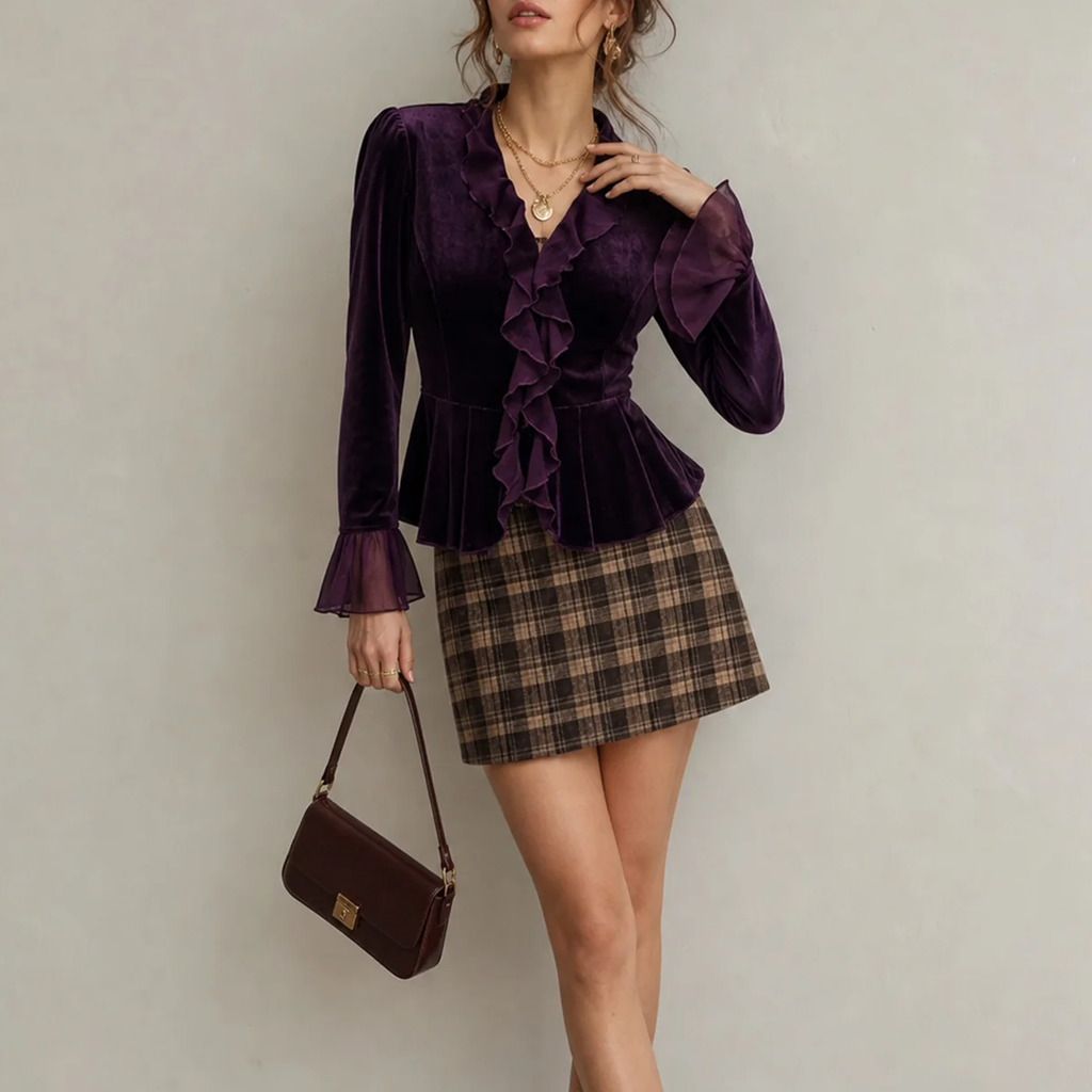 Purple V Neck Ruffle Bell Long Sleeve Peplum Blouse