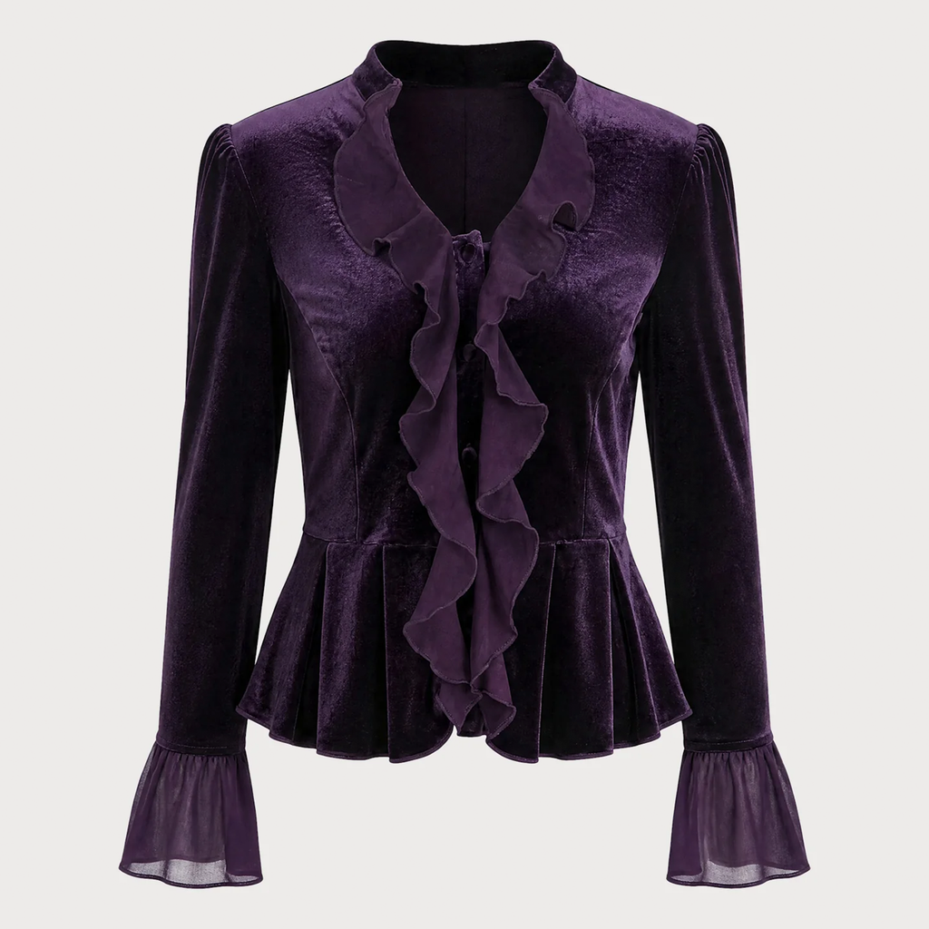 Purple V Neck Ruffle Bell Long Sleeve Peplum Blouse