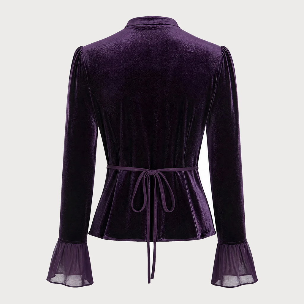 Purple V Neck Ruffle Bell Long Sleeve Peplum Blouse
