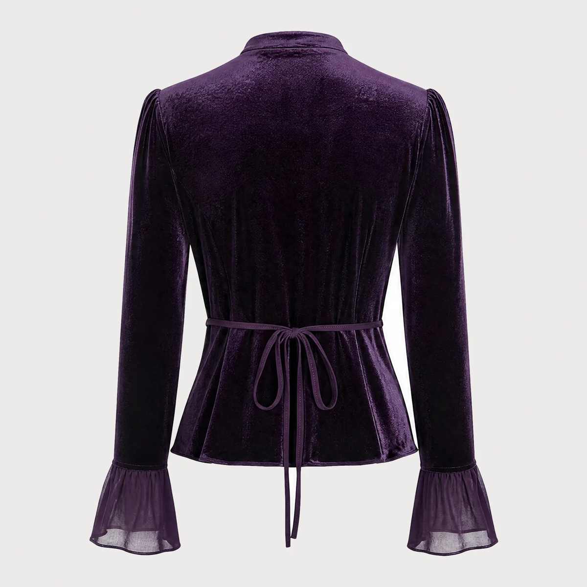 Purple V Neck Ruffle Bell Long Sleeve Peplum Blouse
