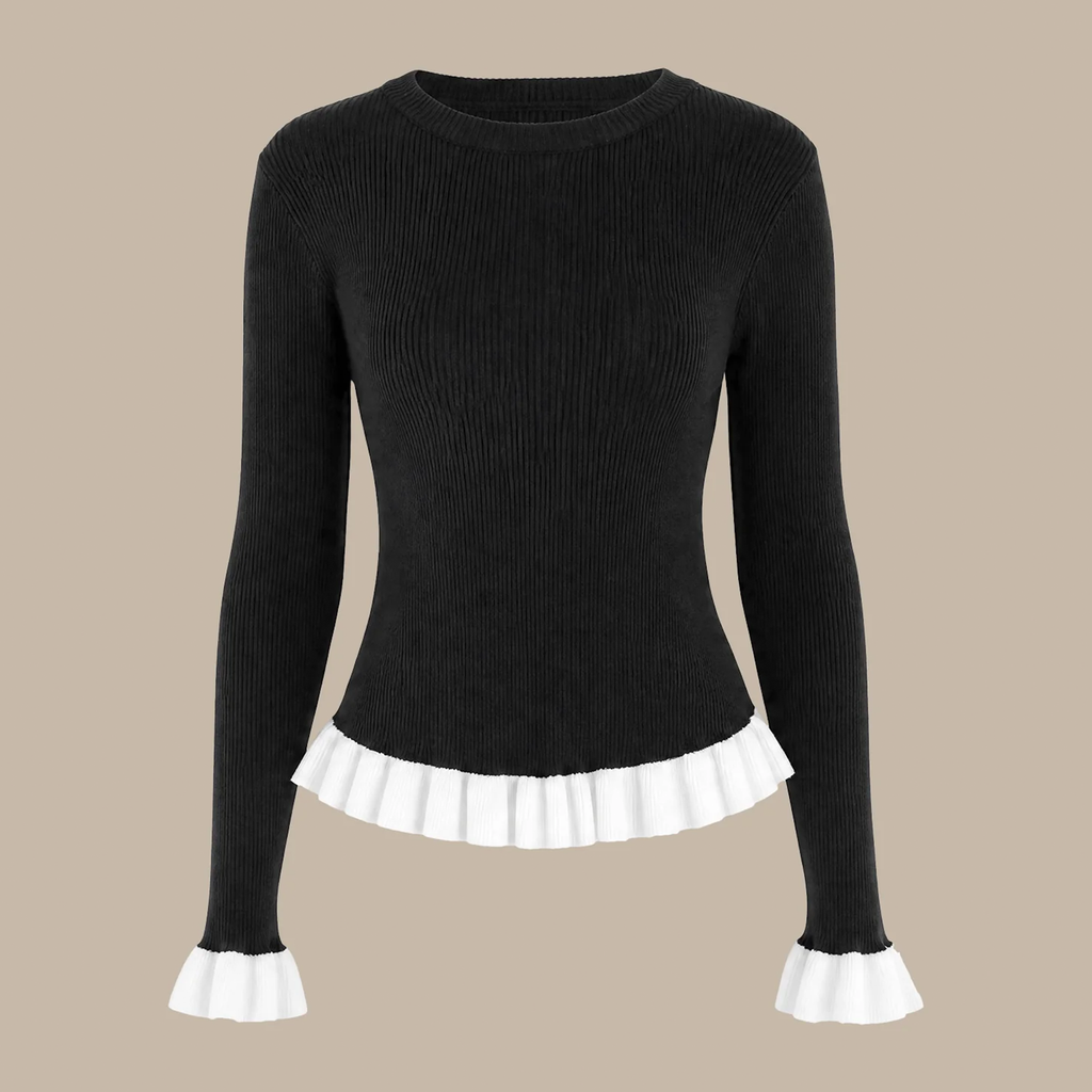 Black Round Neck Contrast Ruffle Cuff Knit Top Long Sleeve