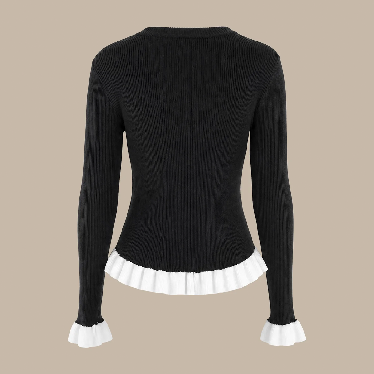 Black Round Neck Contrast Ruffle Cuff Knit Top Long Sleeve