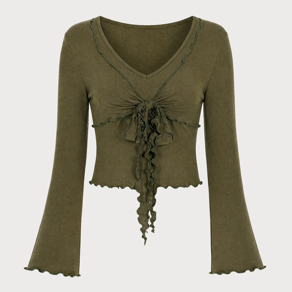 Green V Neck Front Tie Bell Long Sleeve Cropped Knit Top