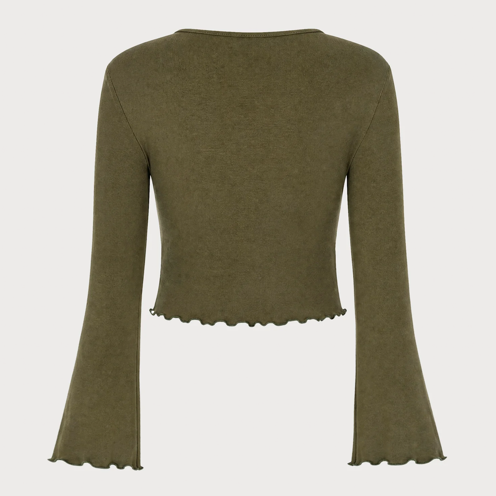 Green V Neck Front Tie Bell Long Sleeve Cropped Knit Top