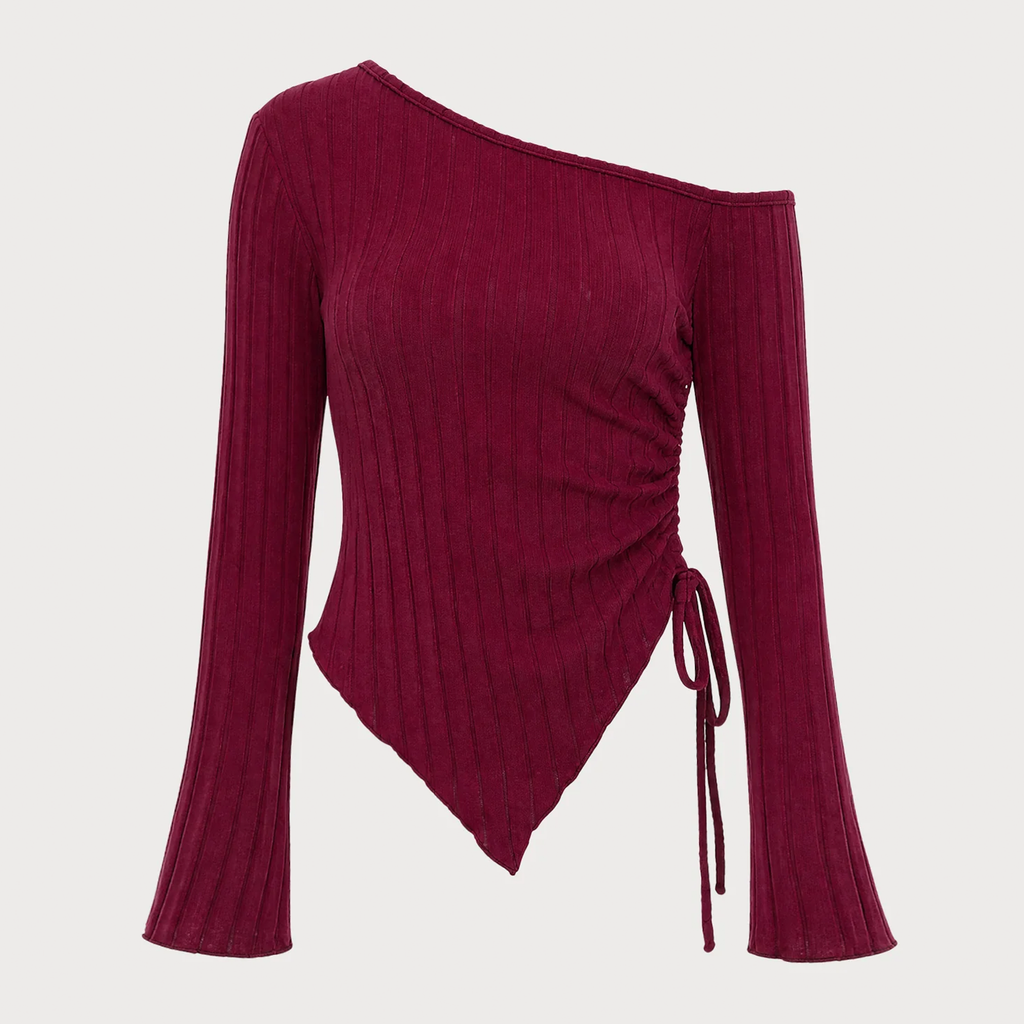 Red One Shoulder Bell Long Sleeve Side Tie Knit Top