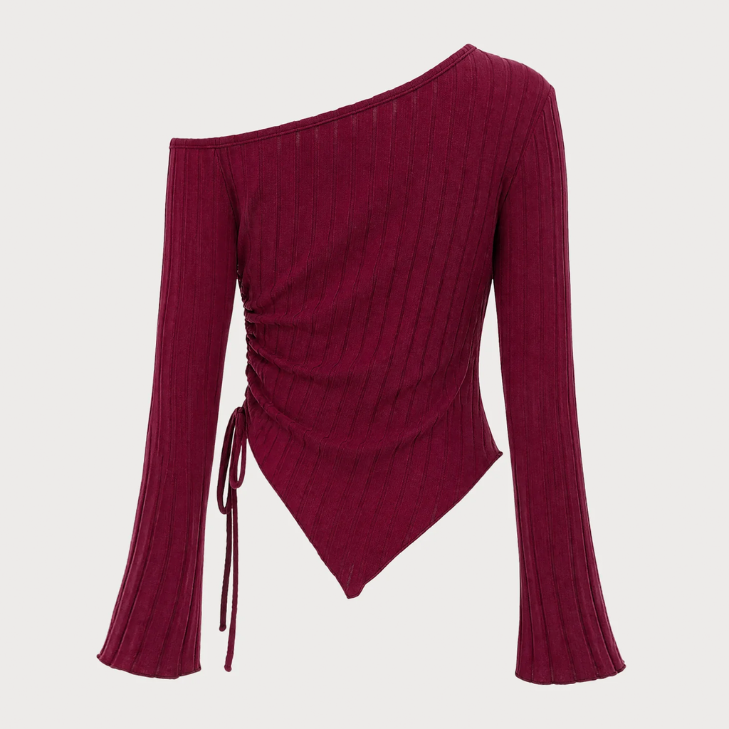 Red One Shoulder Bell Long Sleeve Side Tie Knit Top
